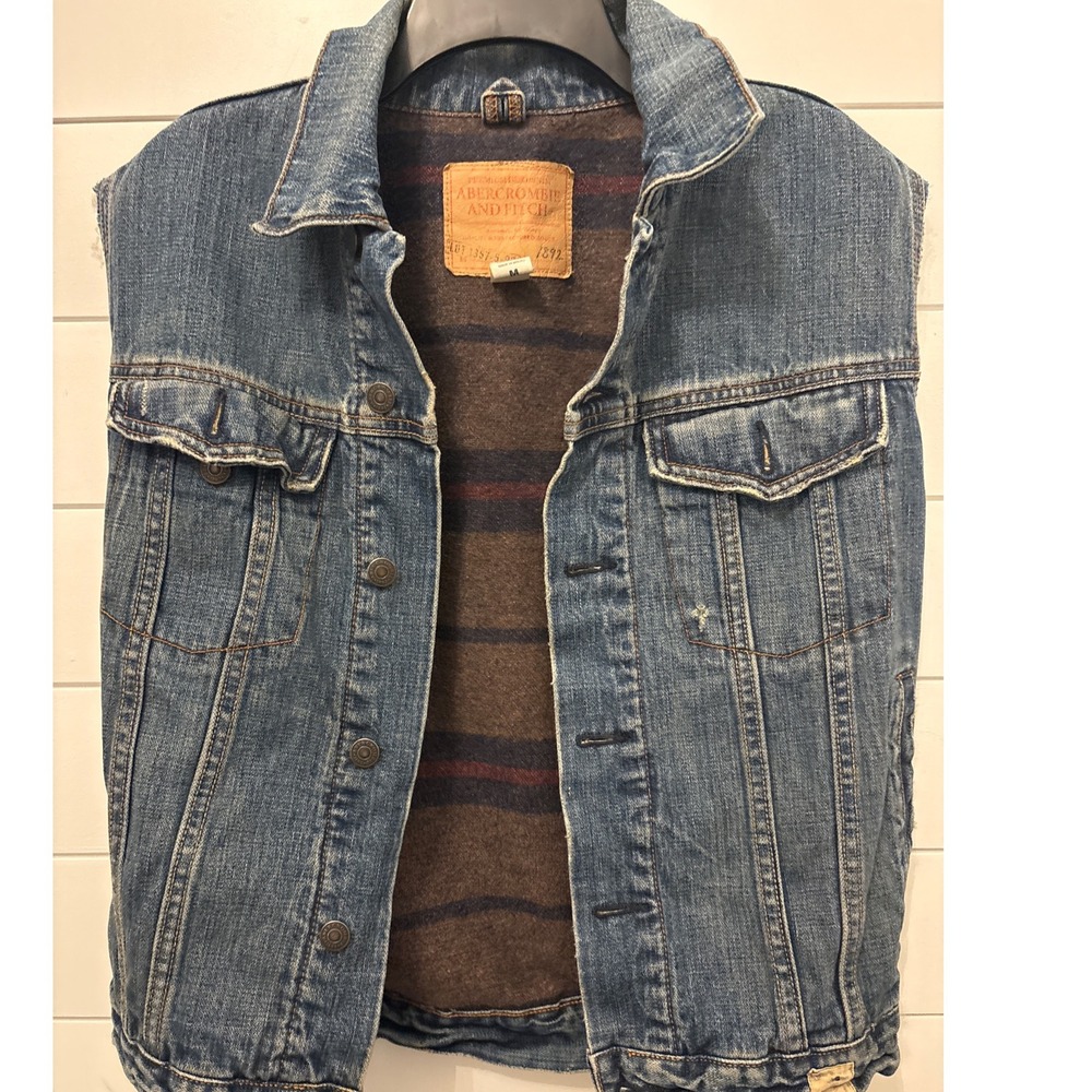 Vintage‎ y2k Abercrombie Fitch Mens Denim Vest Lined Trucker Jacket Blue Size M